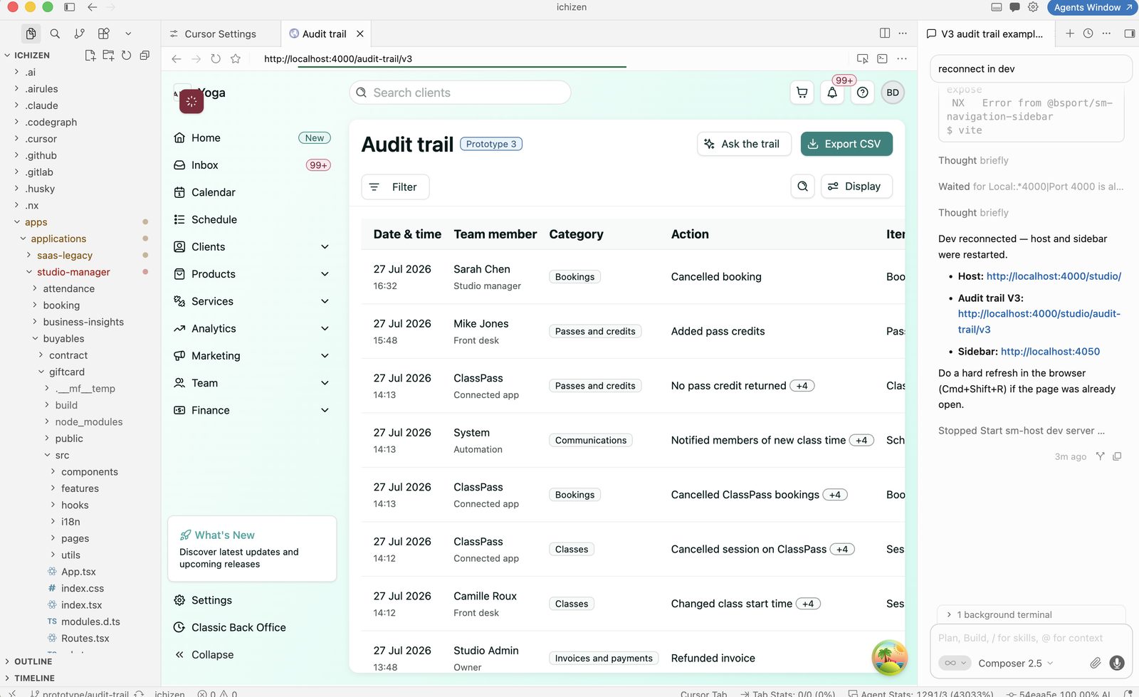 Cursor connected to the project repo, with the Audit trail V3 prototype running locally alongside the AI chat panel.