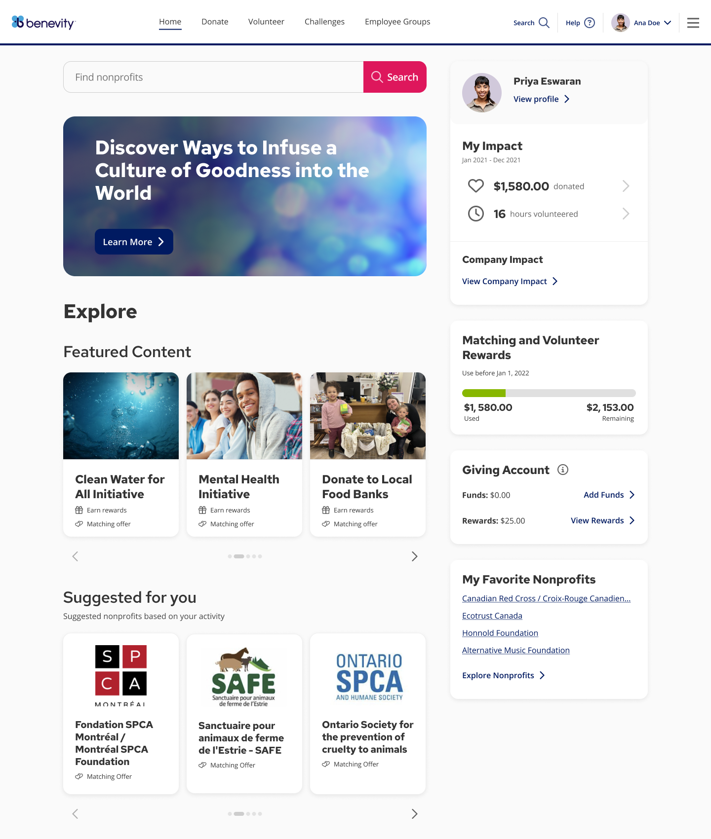 Benevity homepage with the Suggested for You module live in production