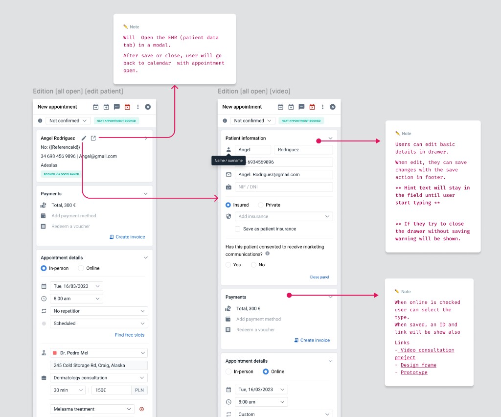 Booking Flow Redesign — appointment drawer states for editing a patient and an online visit