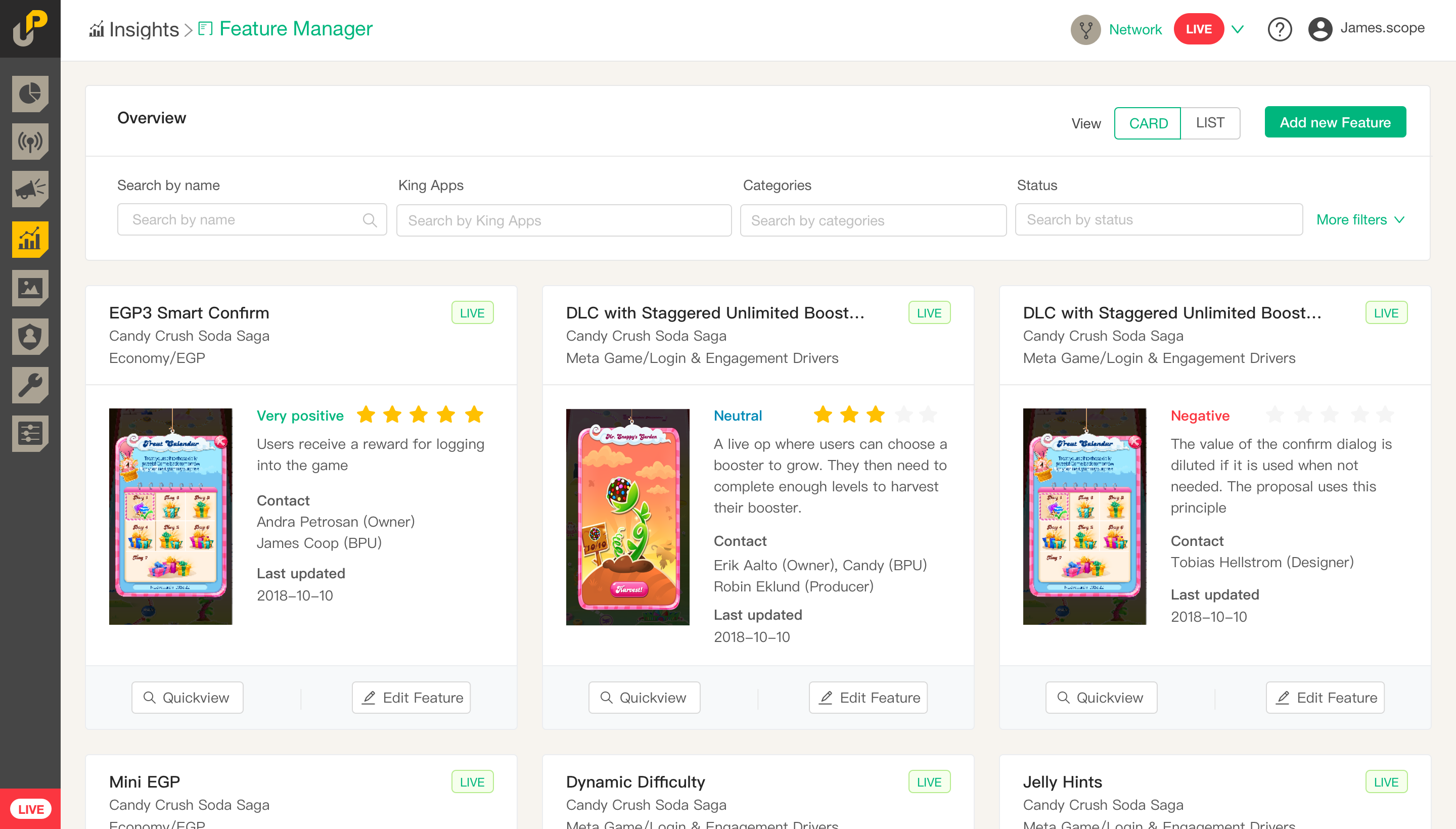 Feature Manager on Unified Platform — live feature cards for Candy Crush Soda Saga