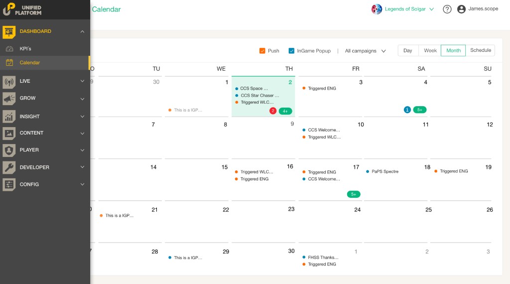 Unified Platform — calendar view for campaign scheduling across Push and InGame Popup