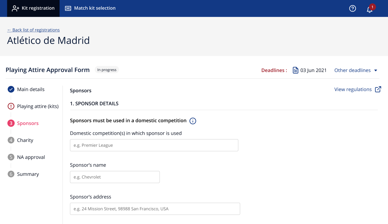 Kit registration — Playing Attire Approval Form for Atlético de Madrid