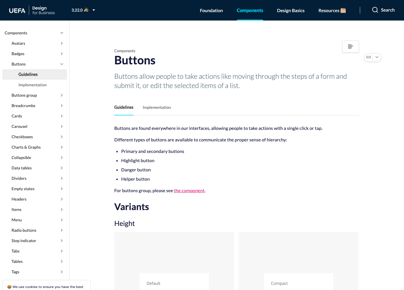 Golazo Buttons page on Zeroheight — default and compact variants
