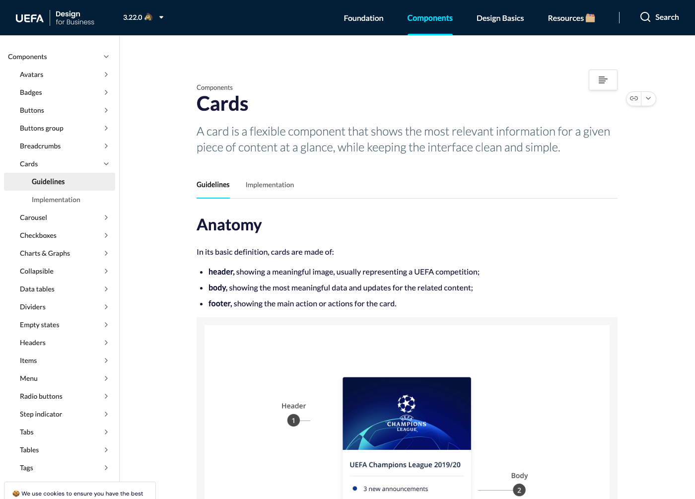 Golazo Cards page on Zeroheight — Champions League card anatomy